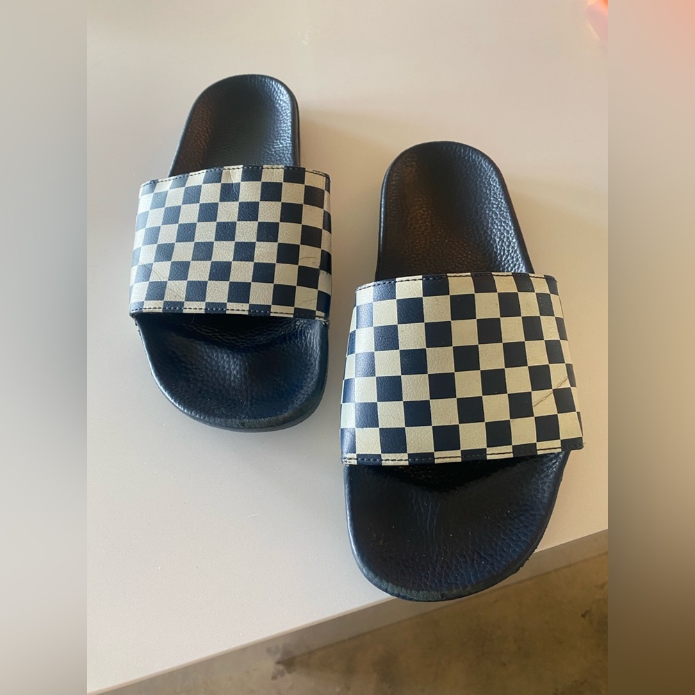 Vans original checkerboard slides.